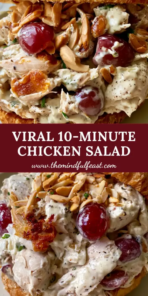 Million Dollar Chicken Salad with Grapes and Toasted Almonds 3 A close-up of a million dollar chicken salad croissant sandwich with visible grapes and almonds on a matte plate. (million dollar chicken salad)