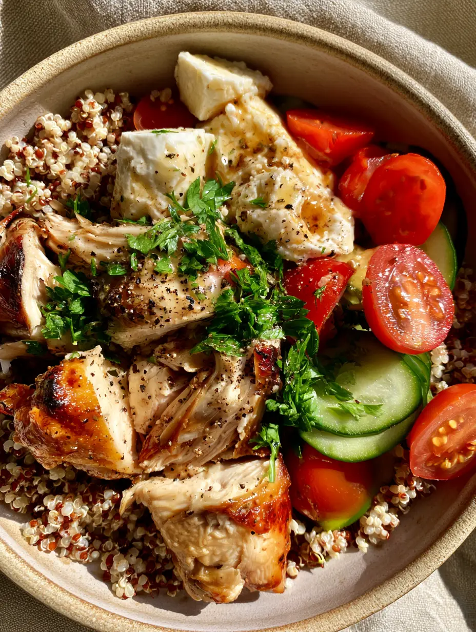 Close-up macro shot of Quinoa Rotisserie Chicken Salad showing the glossy lemon vinaigrette and individual quinoa pearls.