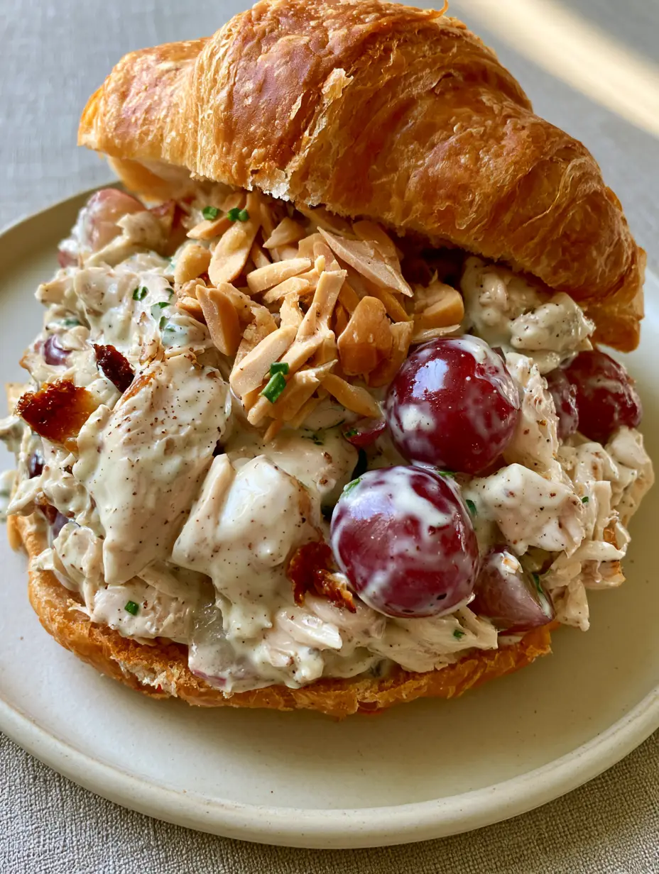 Million Dollar Chicken Salad with Grapes and Toasted Almonds 4 Macro top-down view of million dollar chicken salad showing glossy ivory dressing and roasted chicken skin. (million dollar chicken salad)