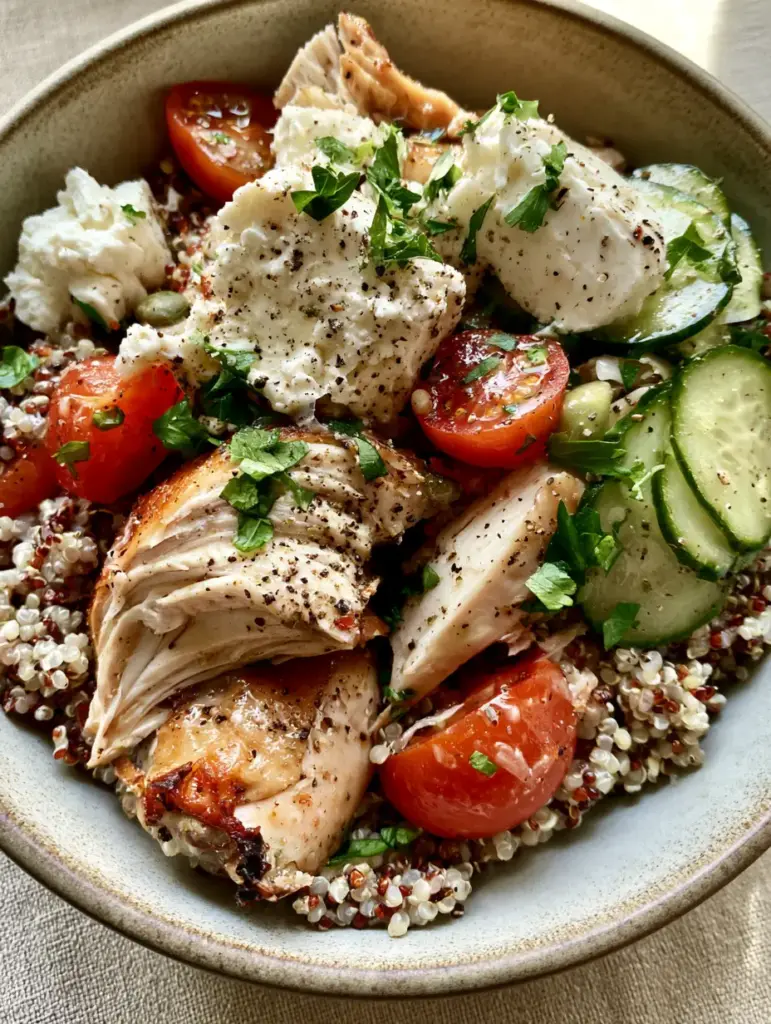 A wide shot of the Mediterranean Quinoa Rotisserie Chicken Salad on a beige linen background with natural light.