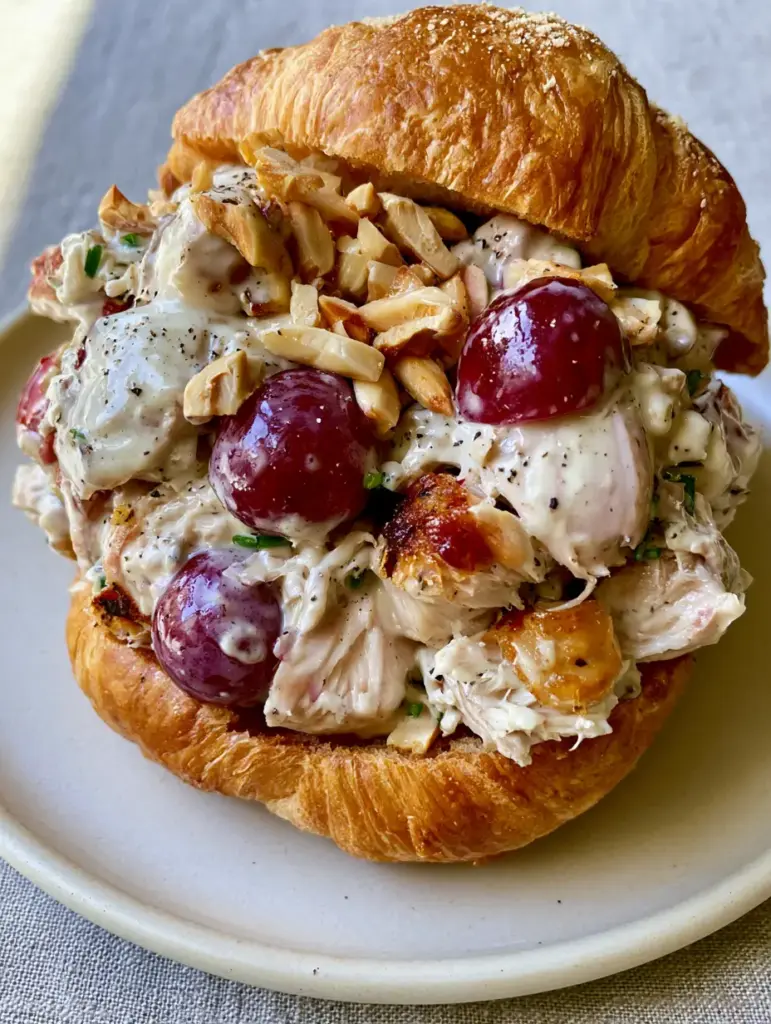 Million Dollar Chicken Salad with Grapes and Toasted Almonds 1 A high-angle photo of million dollar chicken salad in a croissant, highlighting the crimson grapes and pale-tan almonds.