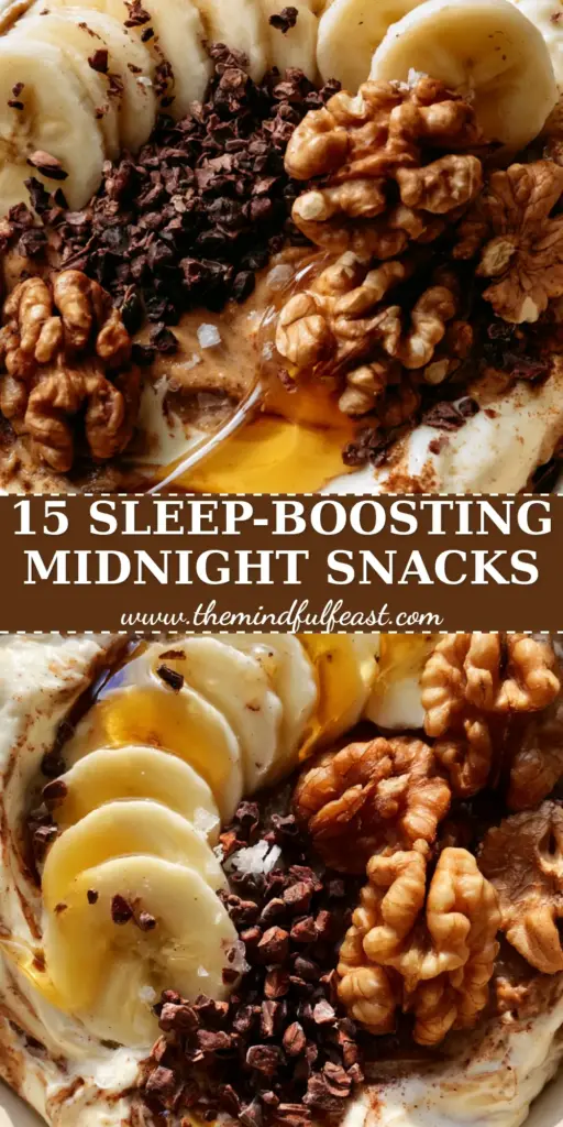 A top-down macro shot of a creamy almond butter and Greek yogurt bowl with banana slices and walnuts, perfect for midnight snacks.