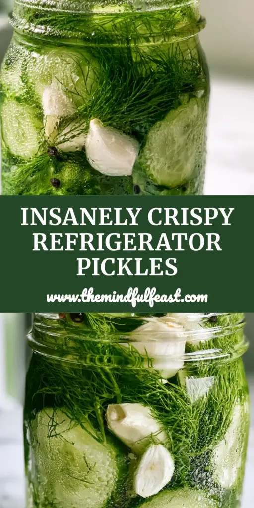 Refrigerator Pickles: The Ultimate Guide to Extra-Crunchy Crinkle-Cut Slices 4 A chilled glass mason jar filled with thick-cut crinkle-cut Refrigerator pickles, fresh dill, and garlic cloves, featuring cold condensation on the glass.