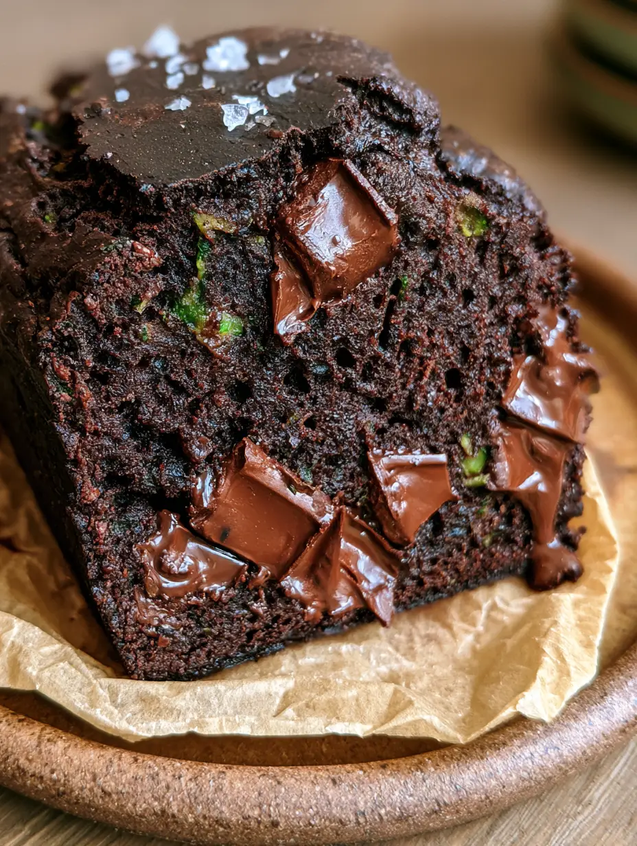 Double Chocolate Zucchini Bread with Fudgy Cocoa Crumb and Sea Salt 3 Extreme close-up of a thick slice of obsidian-colored double chocolate zucchini bread with oozing chocolate chunks. (double chocolate zucchini bread)