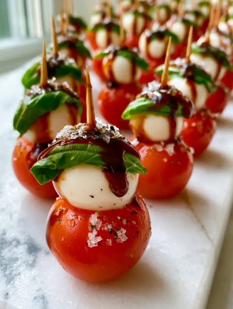 Wedding Foods: The Ultimate Gourmet Caprese Skewer Appetizer 2 Macro top-down shot of Caprese skewers with glossy tomatoes and matte mozzarella pearls. (Wedding Foods)