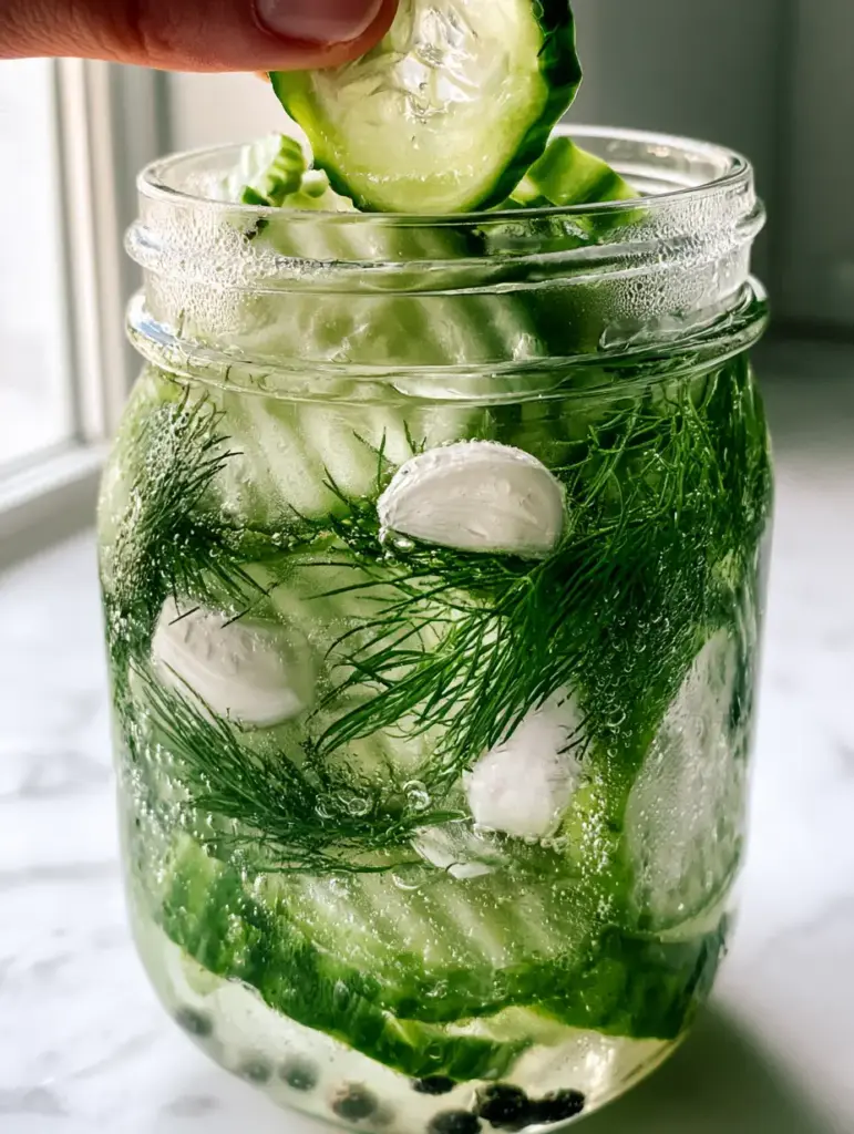 Refrigerator Pickles: The Ultimate Guide to Extra-Crunchy Crinkle-Cut Slices 2 Handheld photo of a translucent, crisp crinkle-cut refrigerator pickle slice held over a jar of fresh dill and brine.