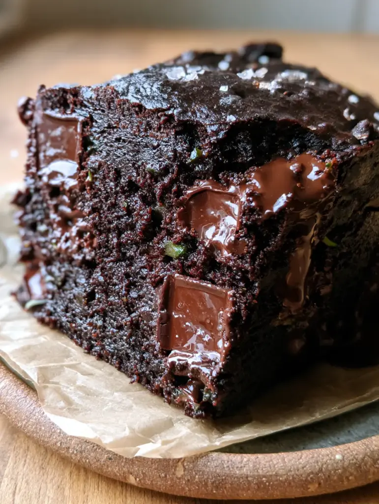 Double Chocolate Zucchini Bread with Fudgy Cocoa Crumb and Sea Salt 1 A wedge of double chocolate zucchini bread resting on parchment paper with visible green zucchini flecks.