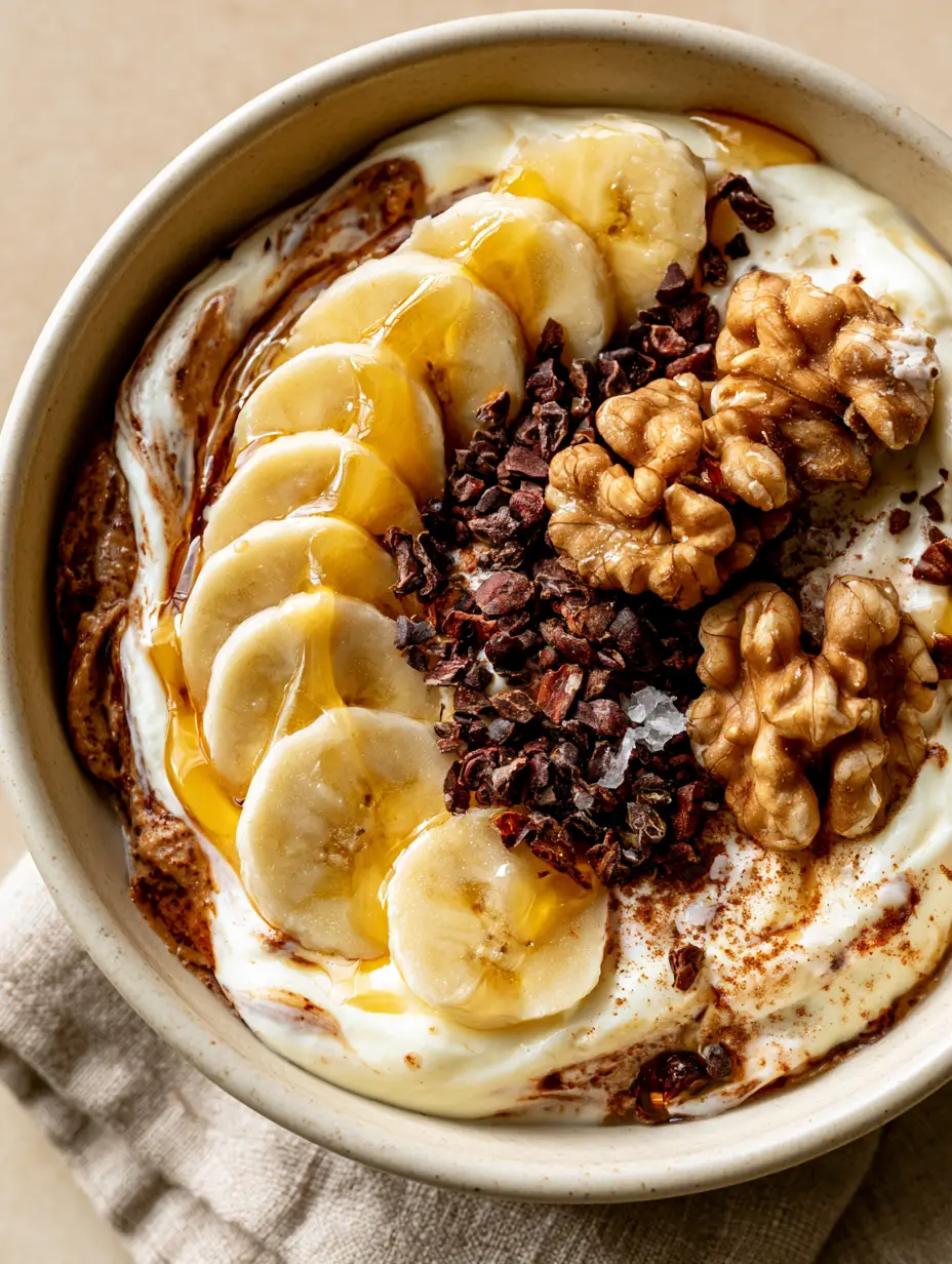 Close-up of a matte ceramic bowl filled with thick yogurt and almond butter swirls for midnight snacks.