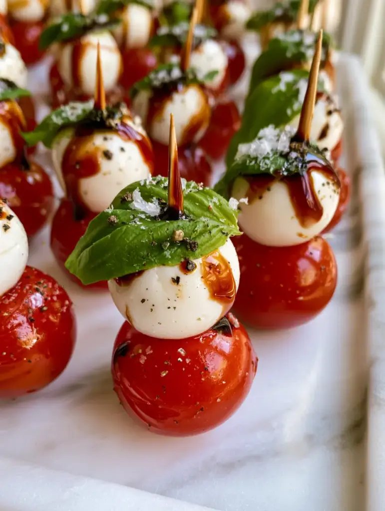 Wedding Foods: The Ultimate Gourmet Caprese Skewer Appetizer 1 A close-up of mahogany balsamic glaze drizzled with precision over fresh basil and mozzarella. (Wedding Foods)