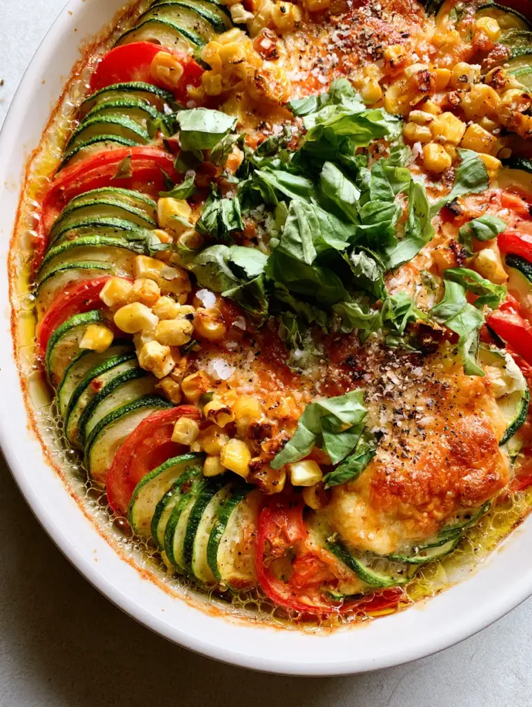 Zucchini Corn Tomato Bake with a Golden Toasted Parmesan Crust 4 Close-up of overlapping zucchini and tomato rows covered in charred corn and melted brown parmesan cheese. (Zucchini Corn Tomato Bake)