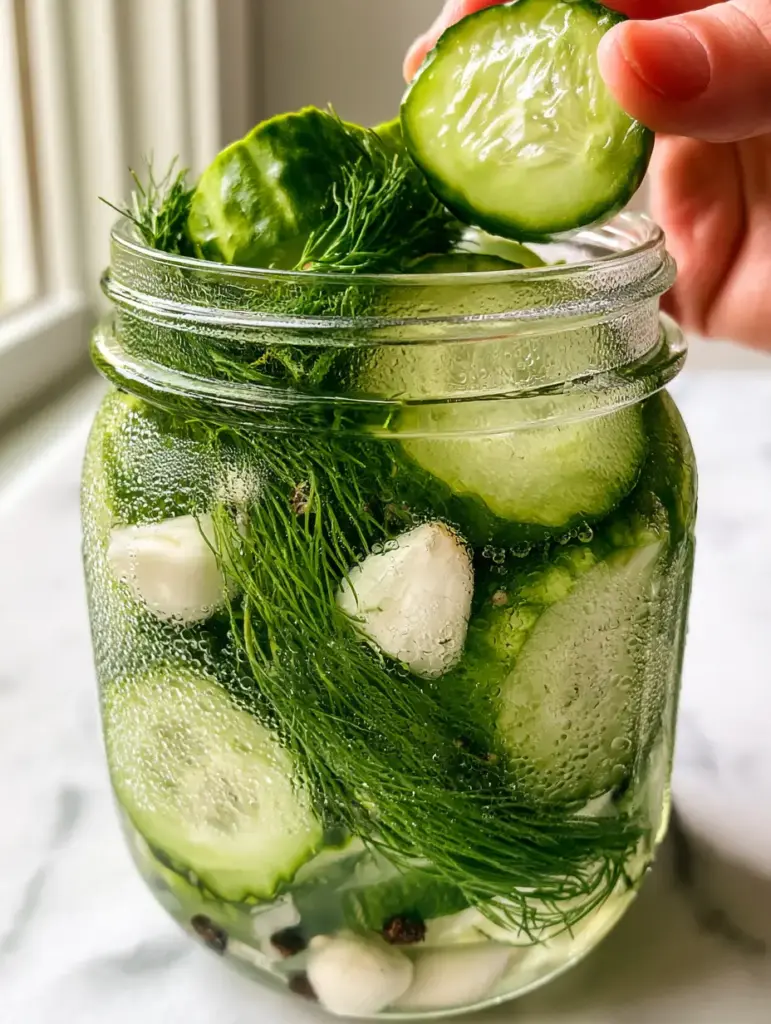 Refrigerator Pickles: The Ultimate Guide to Extra-Crunchy Crinkle-Cut Slices 1 Close-up of a glass jar packed with vibrant green cucumbers, feathery dill, and yellow mustard seeds in a clear vinegar brine.