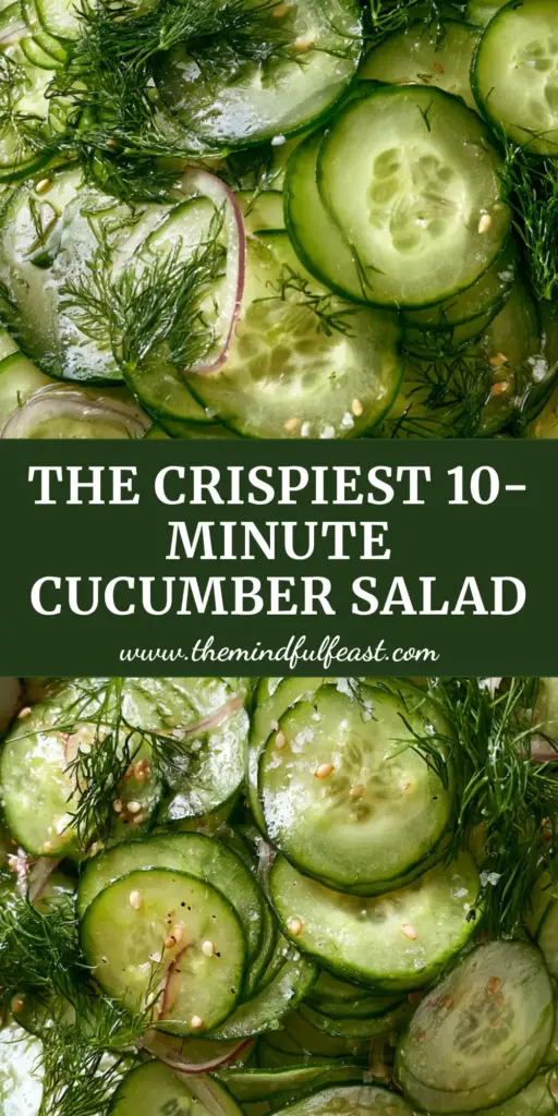Easy Cucumber Salad with Rice Vinegar and Fresh Dill 4 A top-down macro view of a voluminous easy cucumber salad in a white bowl with dill and sesame seeds.