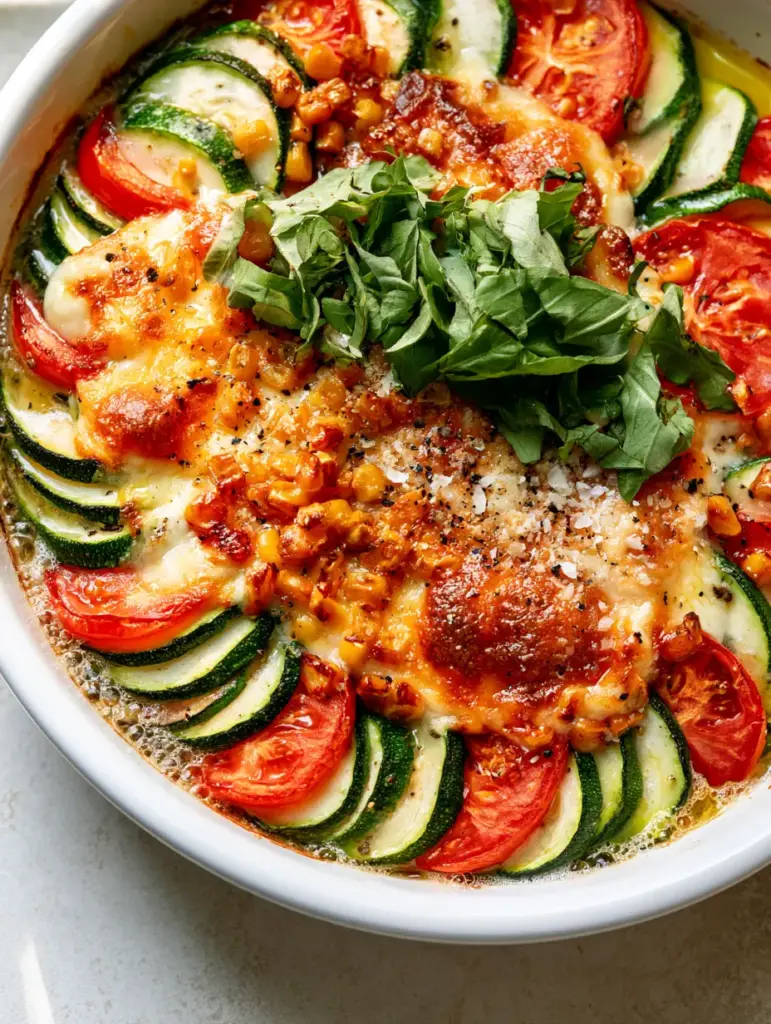 Zucchini Corn Tomato Bake with a Golden Toasted Parmesan Crust 1 Full top-down view of the Zucchini Corn Tomato Bake showing the vibrant red and green colors under a toasted crust.