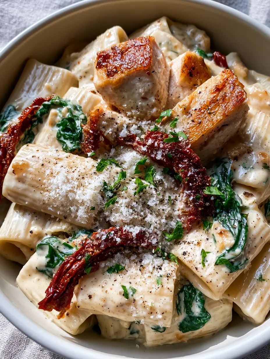 Creamy Chicken Pasta with Sun-Dried Tomatoes and Wilted Spinach 3 Extreme close-up of rigatoni in a velvety garlic parmesan sauce with golden seared chicken. (creamy chicken pasta)