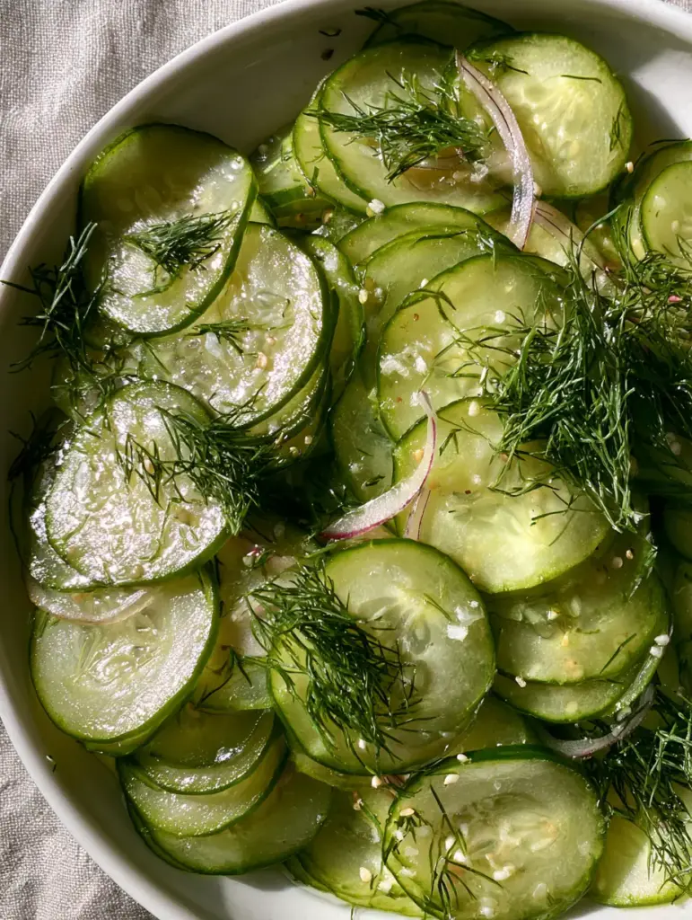 Easy Cucumber Salad with Rice Vinegar and Fresh Dill 2 Macro view of glistening rice vinegar glaze on translucent cucumber slices for an easy cucumber salad.