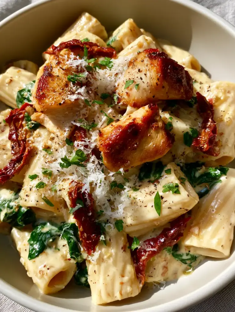 Creamy Chicken Pasta with Sun-Dried Tomatoes and Wilted Spinach 1 Top-down view of creamy chicken pasta with vibrant spinach and sun-dried tomatoes.