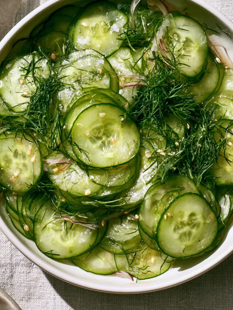 Easy Cucumber Salad with Rice Vinegar and Fresh Dill 1 Fresh dill and red onion slivers interspersed in a pile of sliced cucumbers.