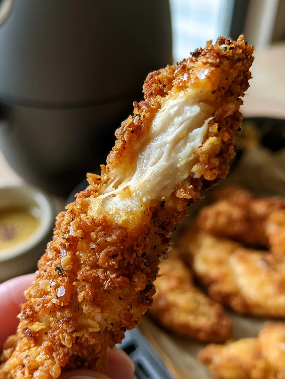 Close-up of a single chicken tender showing the extra-craggy panko breading and steaming juicy interior. (chicken tenders recipe)