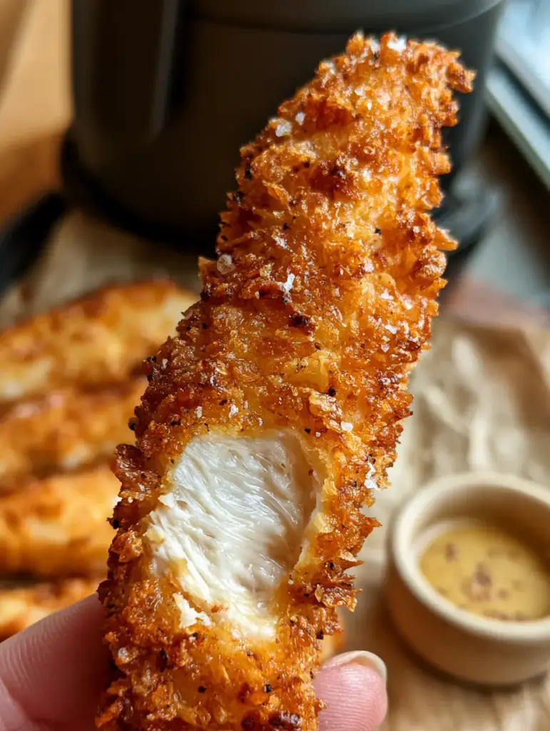A bite taken out of an air fryer chicken tender revealing glistening white meat and visible sea salt flakes.