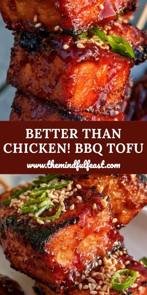 A stack of three crispy BBQ Tofu skewers with charred edges, mahogany glaze, green scallions, and white sesame seeds. (BBQ Tofu)