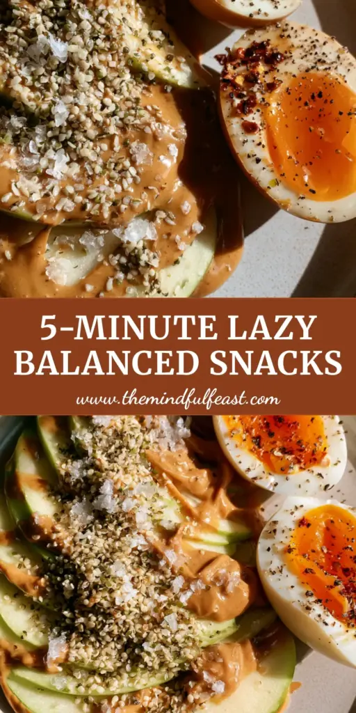 A matte ceramic plate featuring fanned Fuji apple slices with almond butter and jammy soft-boiled eggs, representing balanced snack ideas.