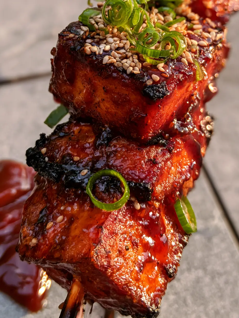 Close-up of BBQ Tofu cubes showing the sticky caramelized sauce and charred grill marks. (BBQ Tofu)
