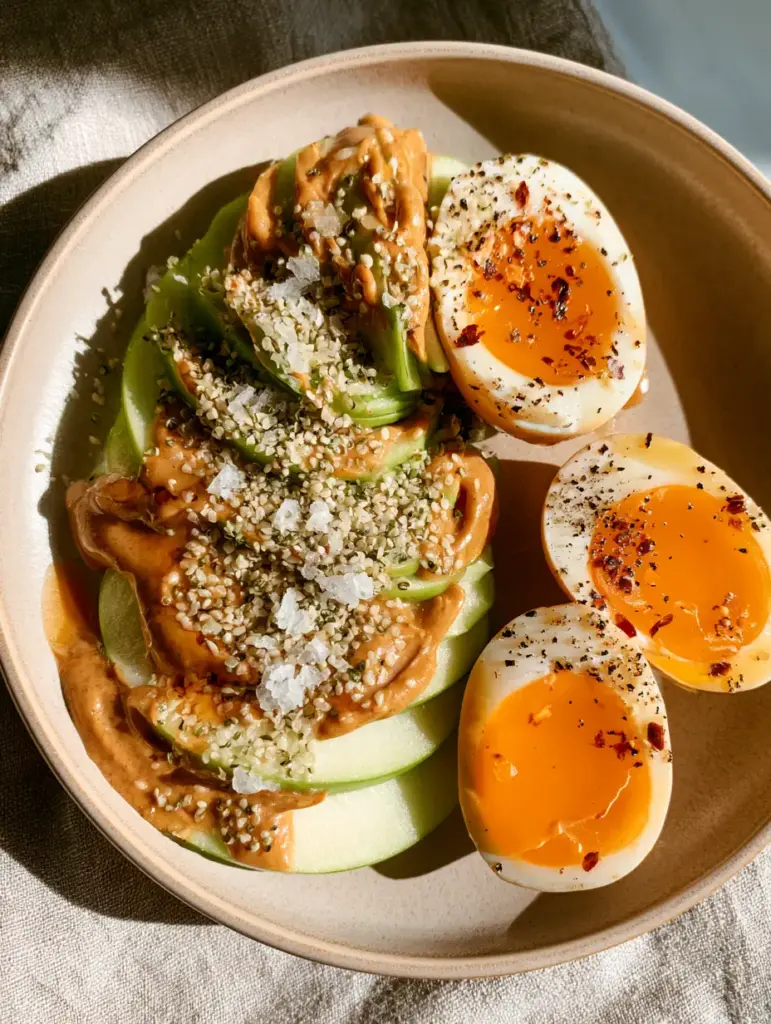 Two soft-boiled egg halves with vibrant jammy yolks seasoned with chili flakes on a ceramic plate.