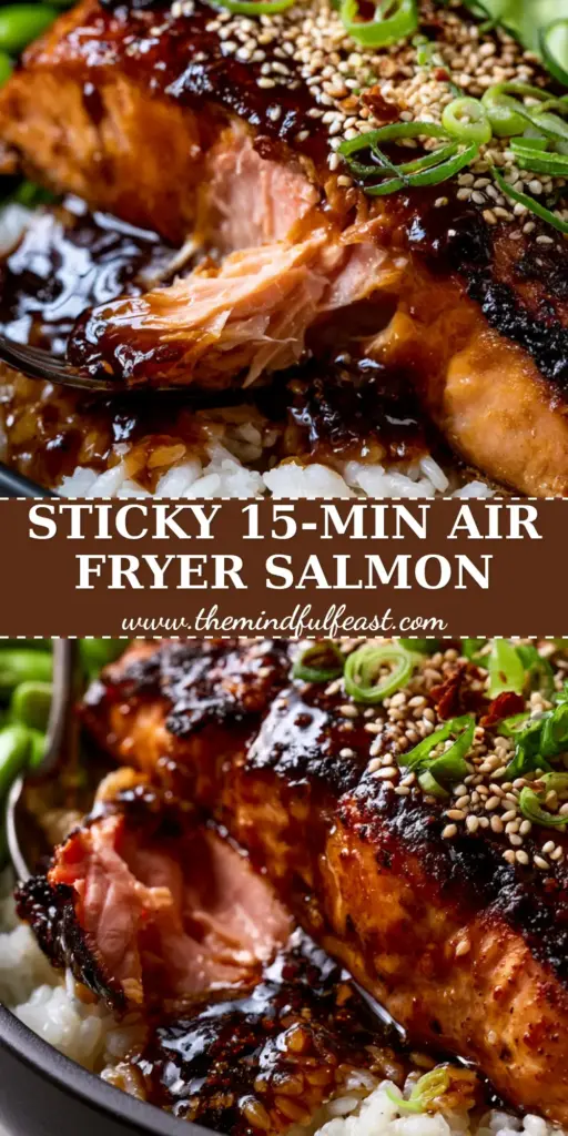 A top-down view of a modern matte black bowl containing air-fried teriyaki salmon with charred edges, jasmine rice, and cucumber ribbons. (teriyaki salmon recipe)