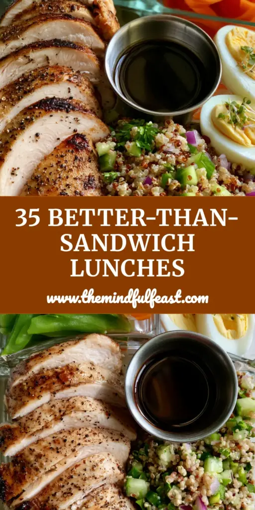 Non-Sandwich Lunch Ideas: The Ultimate Seared Chicken and Quinoa Power Bento 4 A premium glass meal prep container featuring seared chicken, quinoa salad, carrot ribbons, and hard-boiled eggs as part of healthy non-sandwich lunch ideas.