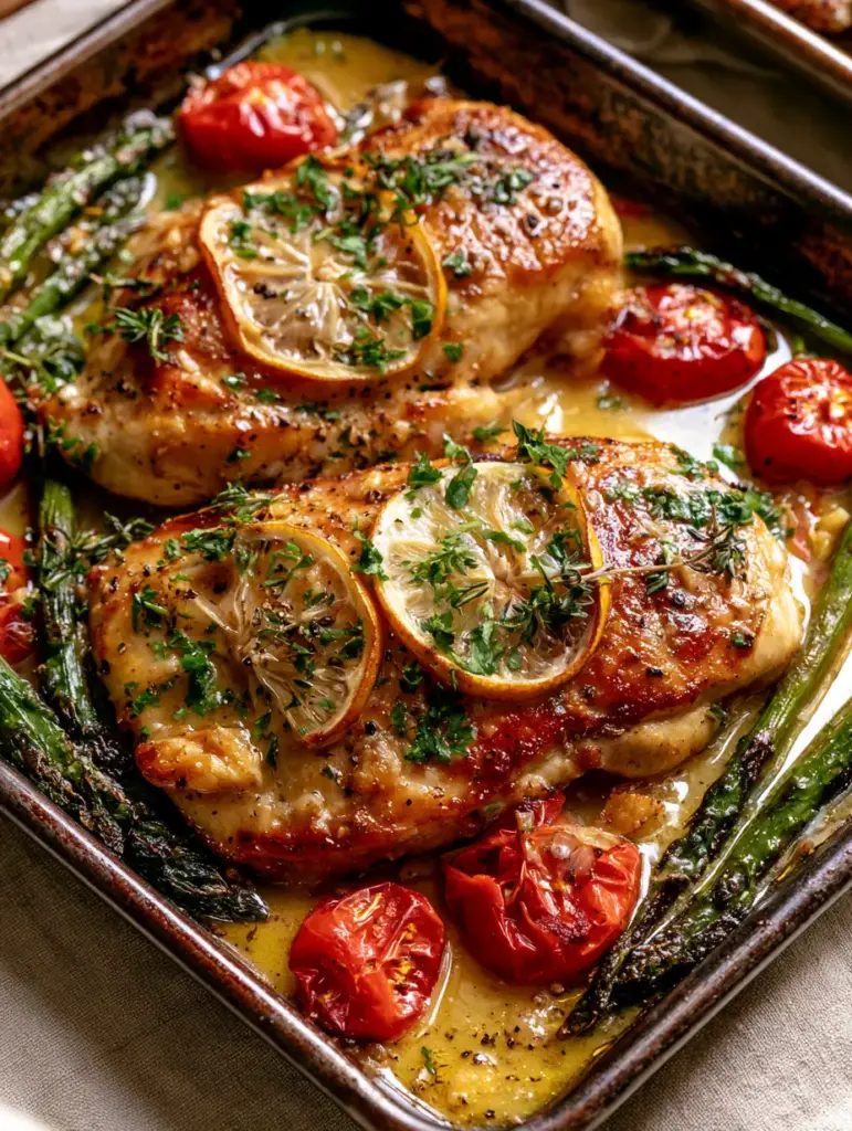 Lemon Herb Chicken with Blistered Tomatoes and Charred Asparagus 1 Wide shot of a rustic metal pan with Lemon Herb Chicken, charred asparagus, and bursting cherry tomatoes under soft natural light.