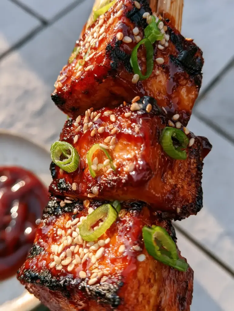 Extreme close-up of three BBQ Tofu skewers stacked diagonally in golden hour light.