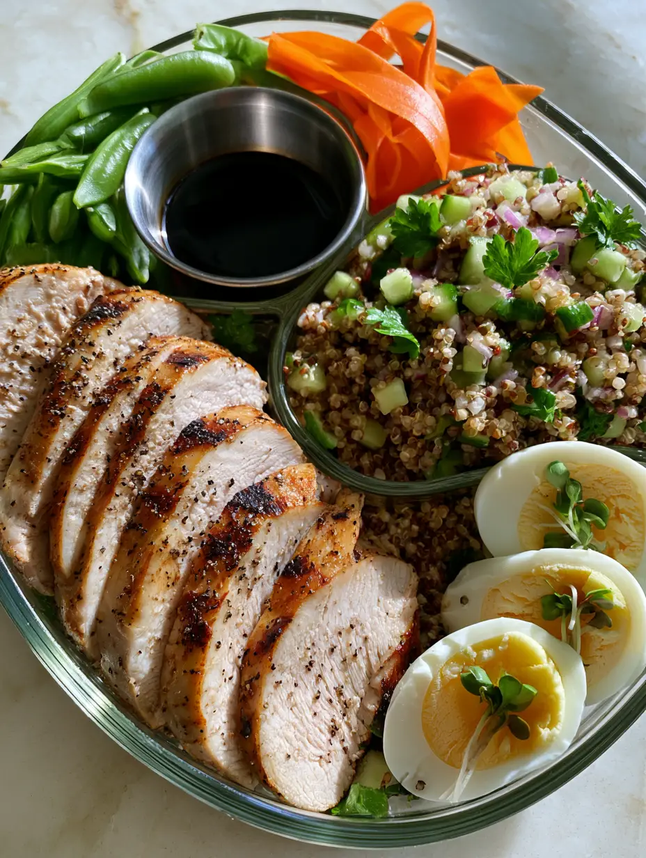 Non-Sandwich Lunch Ideas: The Ultimate Seared Chicken and Quinoa Power Bento 3 Overhead view of a glass meal prep container with seared chicken and vibrant vegetables, perfect for non-sandwich lunch ideas.