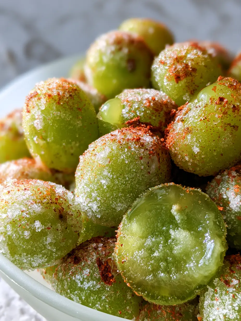 Macro photography of frozen tajin grapes showing fine ice crystals, red chili flakes, and glistening lime droplets.