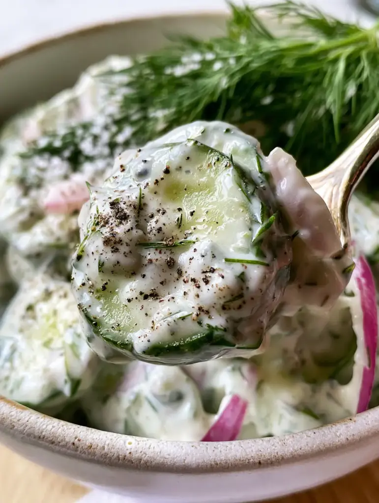 Cucumber Ranch Salad with Thick-Cut English Cucumbers and Fresh Dill 1 High-quality smartphone photo of a rustic ceramic bowl filled with cucumber ranch salad, garnished with large sprigs of fresh dill.