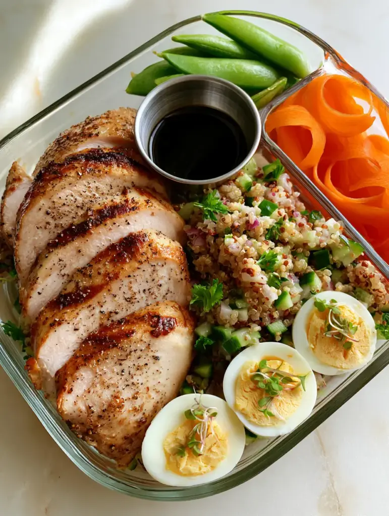 Non-Sandwich Lunch Ideas: The Ultimate Seared Chicken and Quinoa Power Bento 1 Close-up of creamy hard-boiled eggs and crisp snap peas in a meal prep container.
