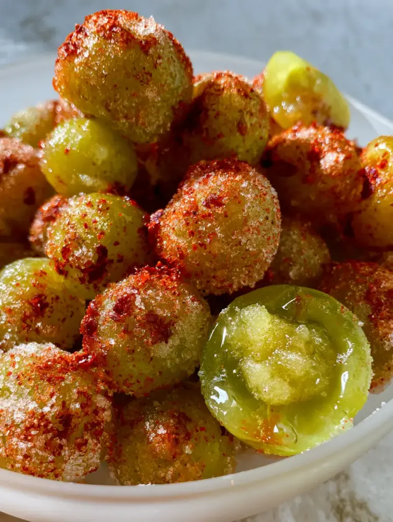 Sliced frozen tajin grapes on a stone countertop revealing a dense, sorbet-like icy interior.