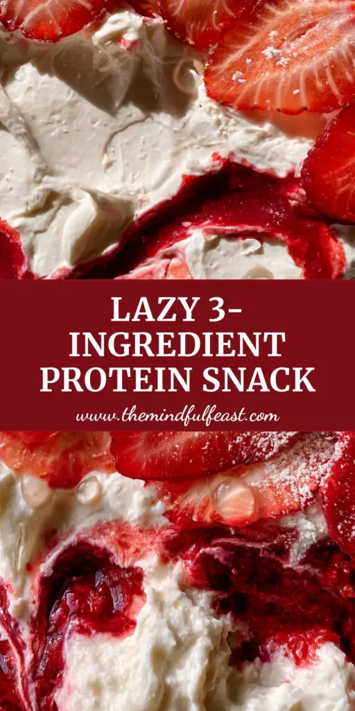 Easy Snack Idea: High-Protein Strawberry Greek Yogurt Bark 3 A top-down shot of strawberry Greek yogurt bark with crimson swirls and a protein powder dusting, a perfect easy snack idea.