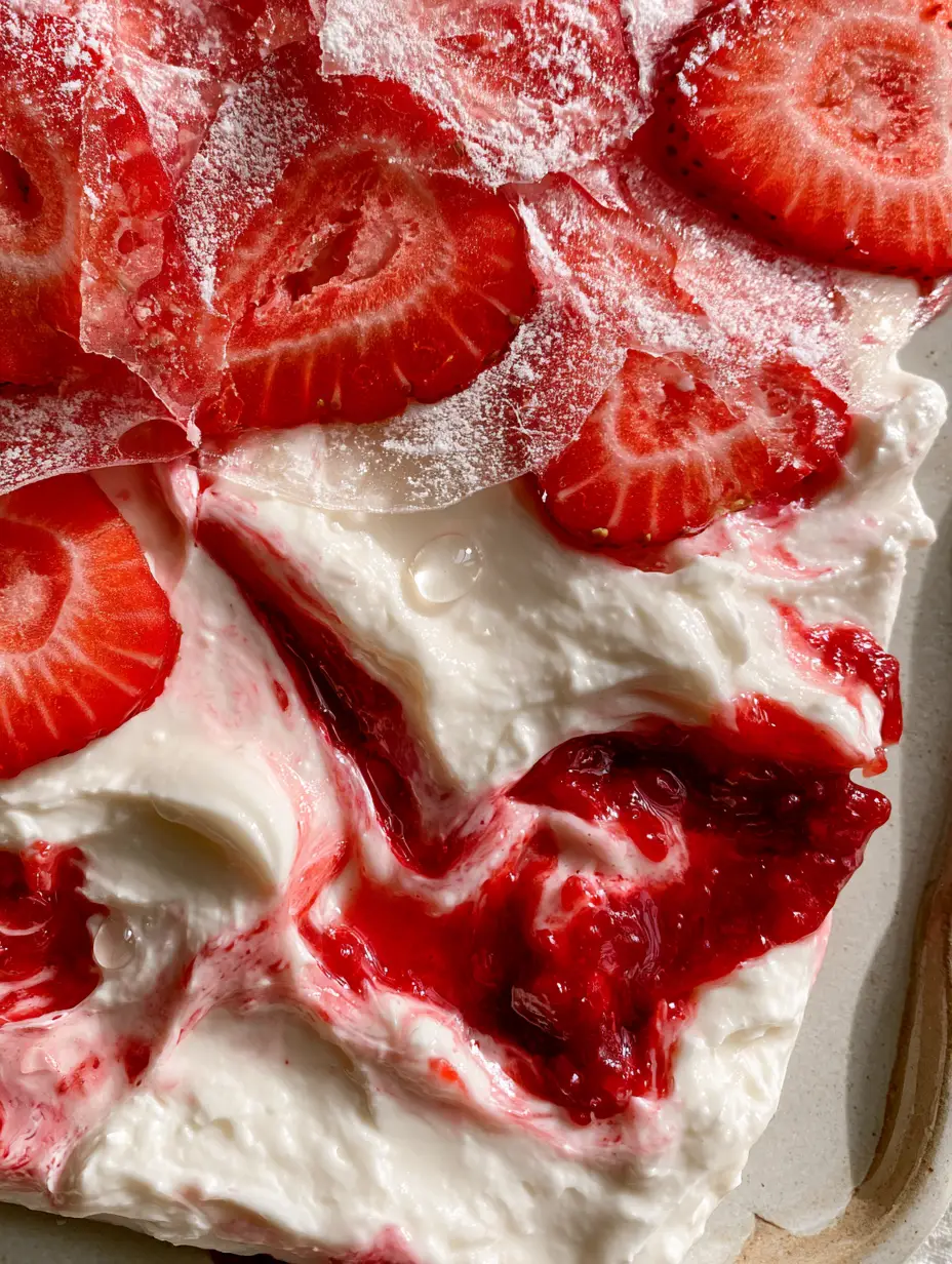 Easy Snack Idea: High-Protein Strawberry Greek Yogurt Bark 4 Macro photo of thick creamy Greek yogurt with strawberry reduction swirls and thin strawberry slices (easy snack idea).