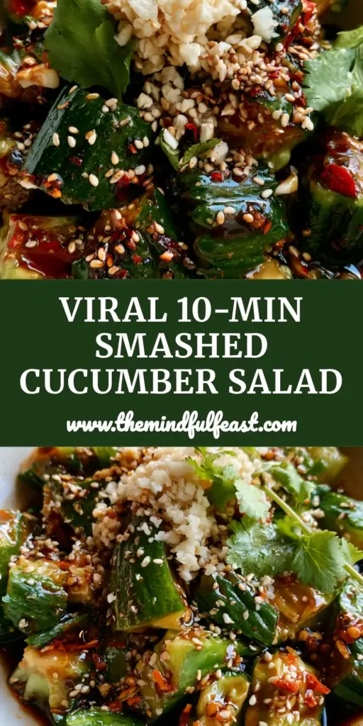 A top-down view of a smashed cucumber salad in a ceramic bowl, showing glossy sauce and red chili oil. (smashed cucumber salad)