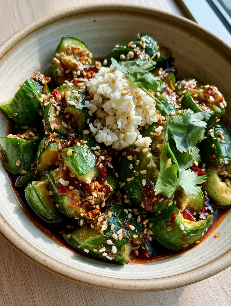 Close-up of jagged cucumber edges soaking up a dark, glossy soy dressing in a ceramic bowl. (smashed cucumber salad)