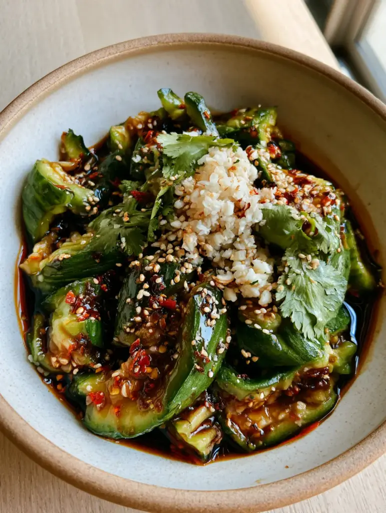 Smashed cucumber salad garnished with a mound of raw garlic, toasted sesame seeds, and fresh cilantro on a wood surface.