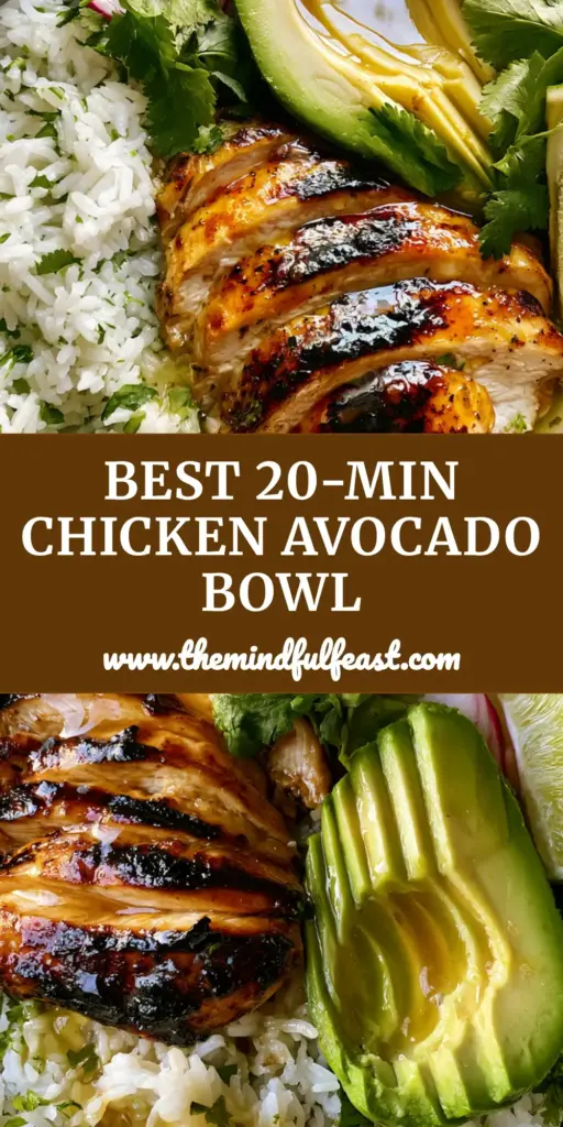 A top-down view of a Honey Lime Chicken & Avocado Rice Bowl in a ceramic bowl with grilled chicken and fanned avocado.