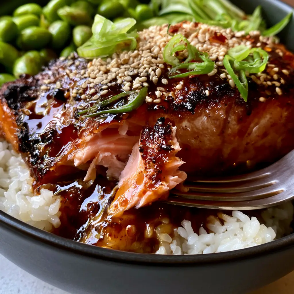 Close-up of air-fried salmon with charred caramelized edges, garnished with green scallions and sesame seeds.