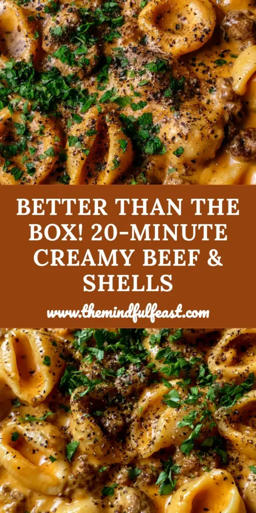 Creamy Beef and Shells Recipe: The Ultimate One-Pan Comfort Food 4 A close-up of a rustic cast iron skillet holding a creamy beef and shells recipe with bubbly cheese and fresh parsley.