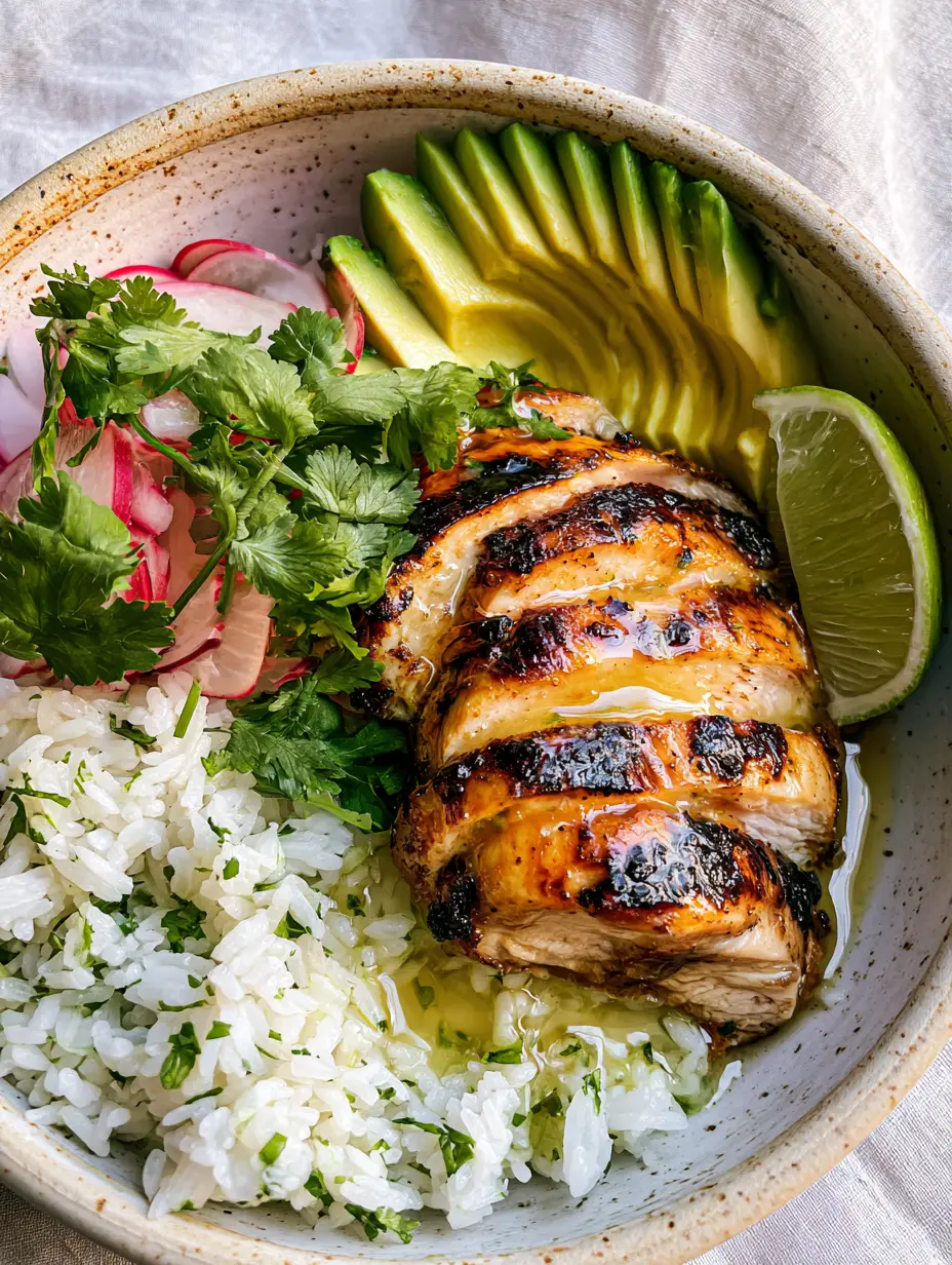 Overhead smartphone photo of a vibrant Honey Lime Chicken & Avocado Rice Bowl with charred chicken and cilantro rice.
