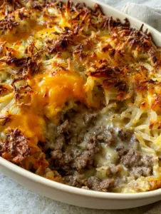 High-angle close-up of Amish beef and hashbrown casserole with golden crispy peaks and bubbling sharp cheddar cheese.