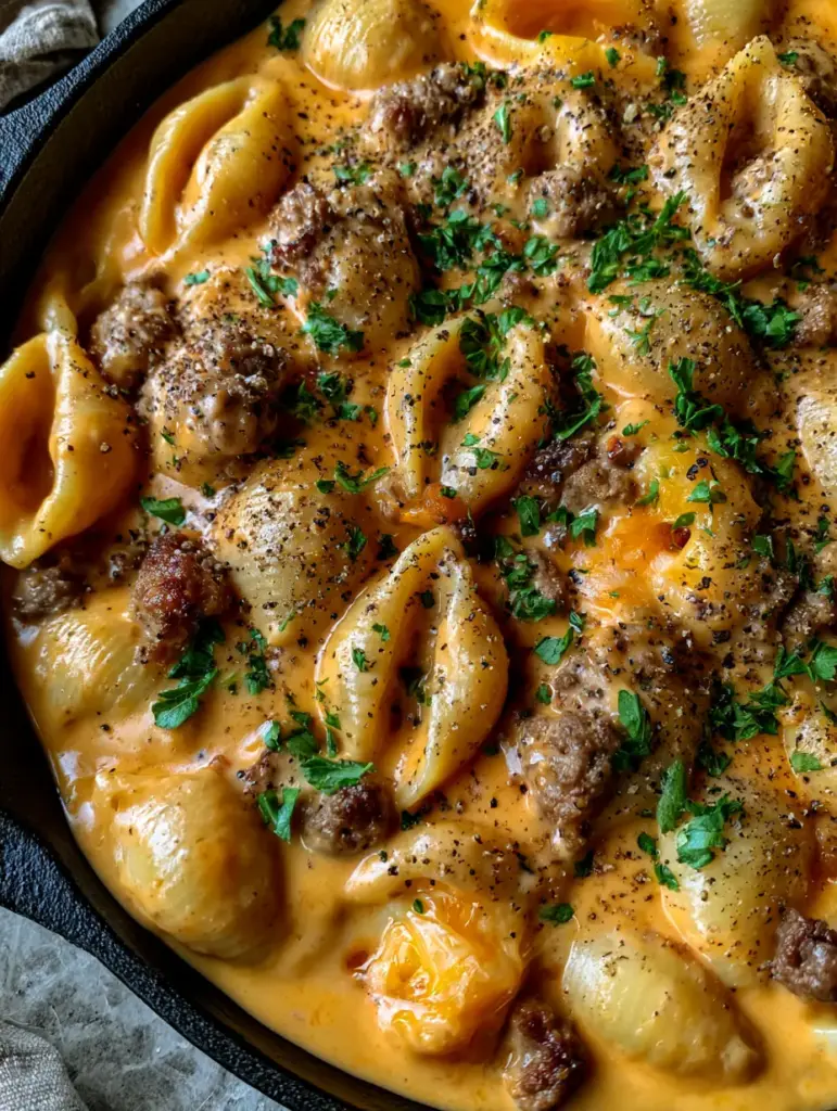 Creamy Beef and Shells Recipe: The Ultimate One-Pan Comfort Food 1 A heavy cast iron skillet featuring the creamy beef and shells recipe with freshly cracked black pepper.