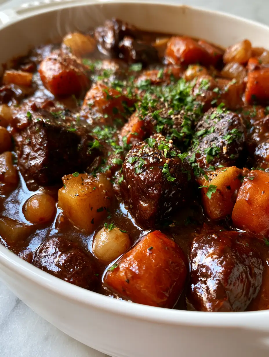 Beef Stew Meat Casserole with Rich Mahogany Gravy 3 Close-up handheld photo of Beef Stew Meat Casserole showing succulent beef tips and glossy dark sauce. (Beef Stew Meat Casserole)