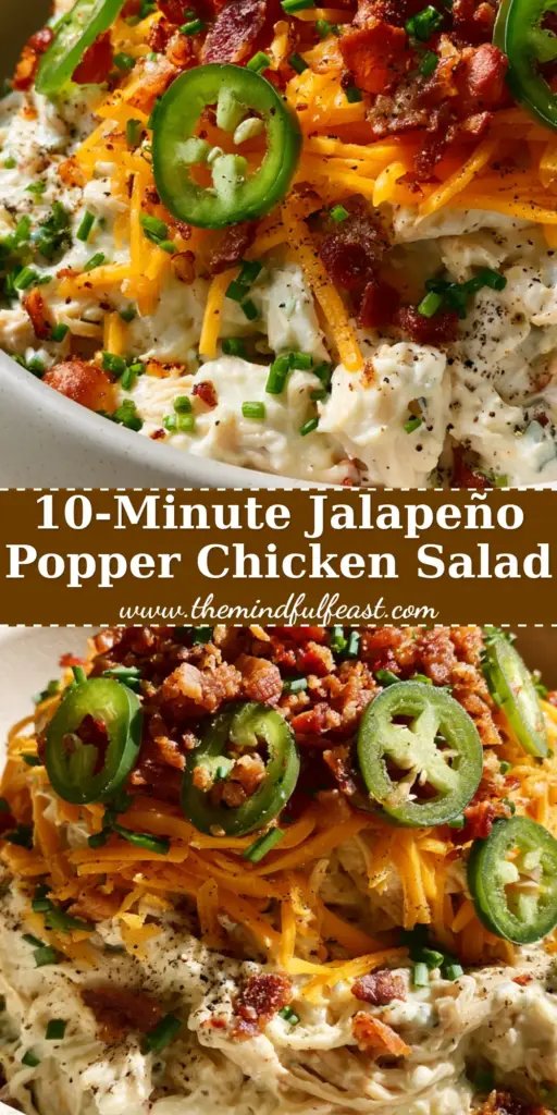 Jalapeño Chicken Salad: The Ultimate Creamy Popper-Inspired Recipe 4 A mountain of creamy Jalapeño Chicken Salad in a white bowl topped with bacon, cheddar, and jalapeño rounds on a linen tablecloth.