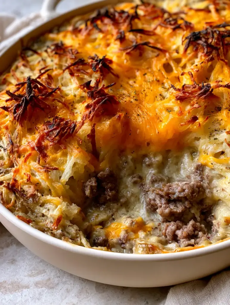 Amish Beef and Hashbrown Casserole with Crispy Toasted Potato Peaks 1 Interior cross-section of Amish beef and hashbrown casserole revealing seasoned ground beef in a creamy white binder sauce.